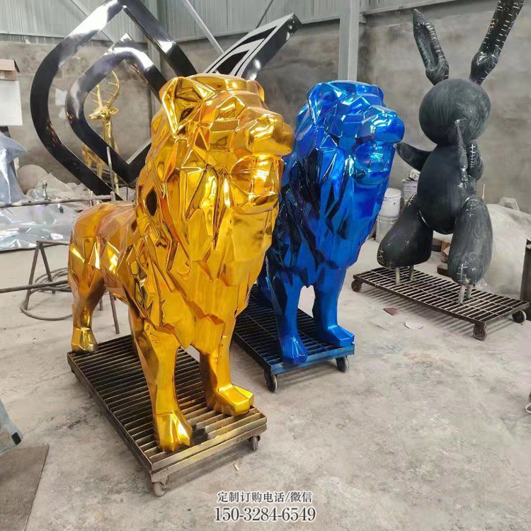 电镀狮子雕塑精选，美陈雕塑，锻造不锈钢狮子雕塑通用